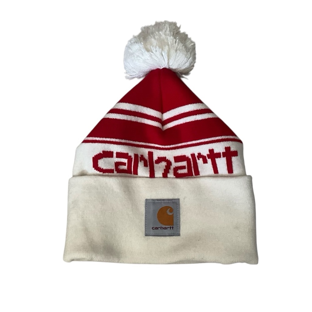 Carhartt knit Pom Pom Cuffef Logo Beanie Red And White